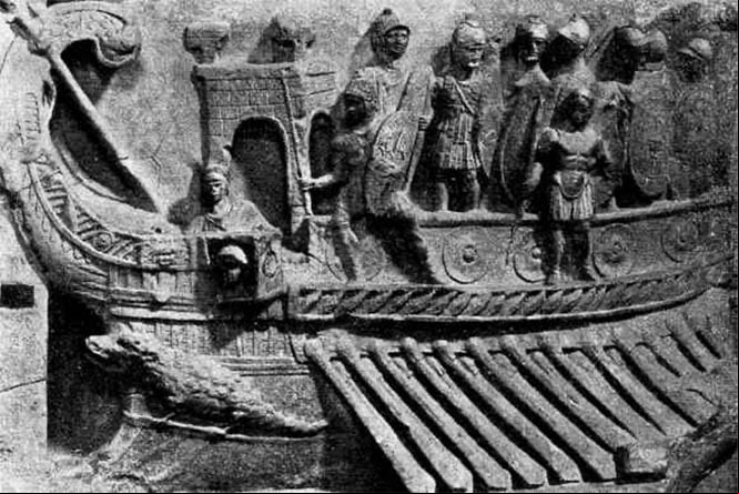 Un birreme del siglo II a.C. representado en un relieve procedente del templo de Fortuna Primigenia