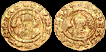 Moneda axumita de oro de época cristiana con la imagen del rey Ebana y el símbolo de la cruz