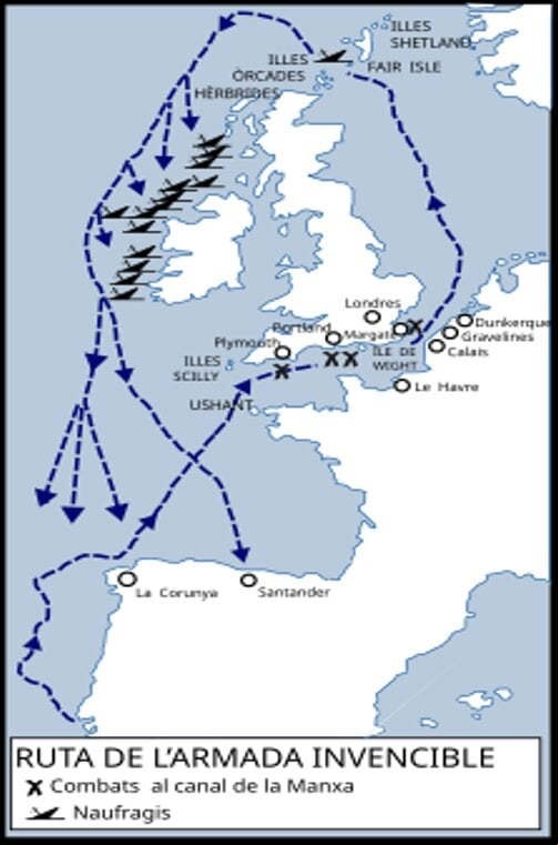 Mapa de la ruta seguida por los navíos de la "Armada Invencible"