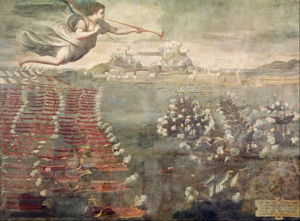 Spanish_School_-_Battle_of_Lepanto_Victorious_ships_entering_the_Port_of_Messina_(oil_on_canvas)_-_(MeisterDrucke-1423651)